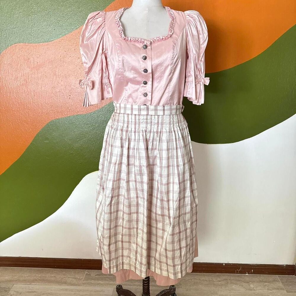Vintage Alphorn Dirndl Austrian Folk Dress Pink puff ruffle sleeve Dress Sz 40